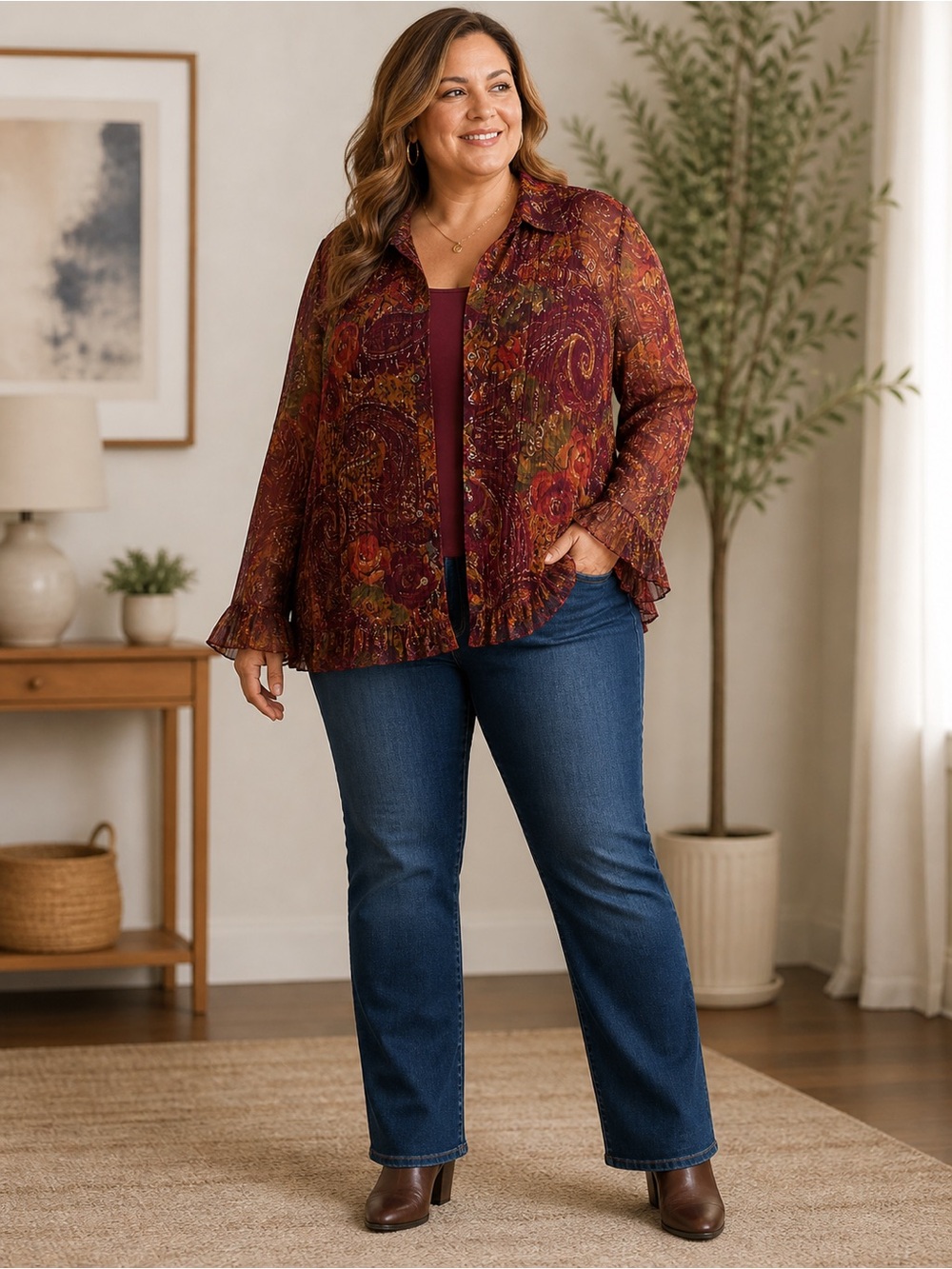 Coldwater Creek Burgundy Floral Sheer Button-Front Top with Gold Accents